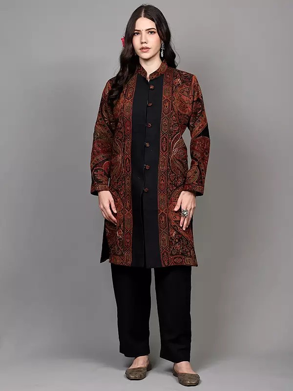 Stretch-Limo Long Jacket with Woven Flowers-Paisleys and Aari Embroidery