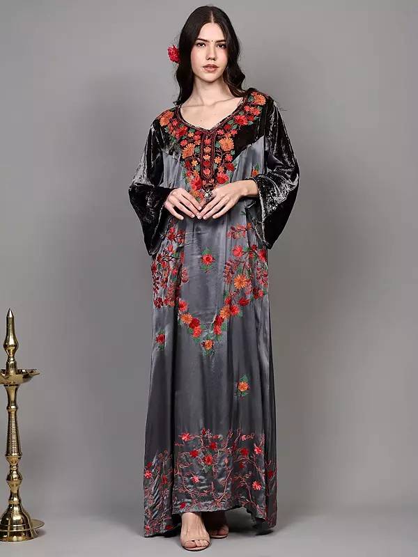 Neutral-Gray Ankle Length Gown from Kashmir with Aari Embroidered Floral Vines