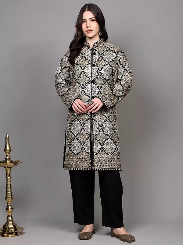 Black-Onyx Wool Long Jacket with All-Over Aari Embroidery and Side Pockets