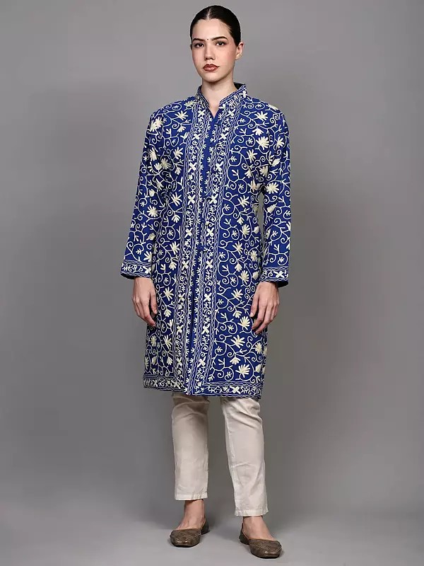 Classic-Blue Wool Long Jacket with Aari Embroidered Leaves Jaal
