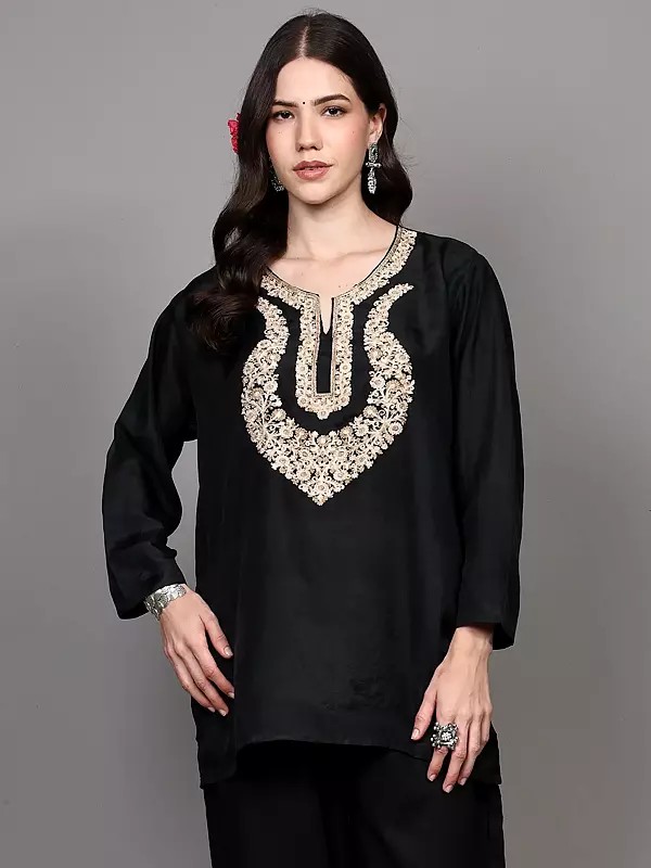 Bristol-Black Kashmiri Short Kurti with Aari Embroidered Flowers on Neck