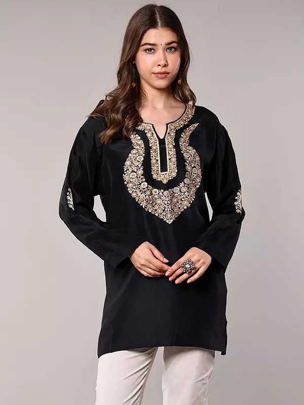 Black Kashmiri Short Kurti with Aari Embroidered Flowers on Neck