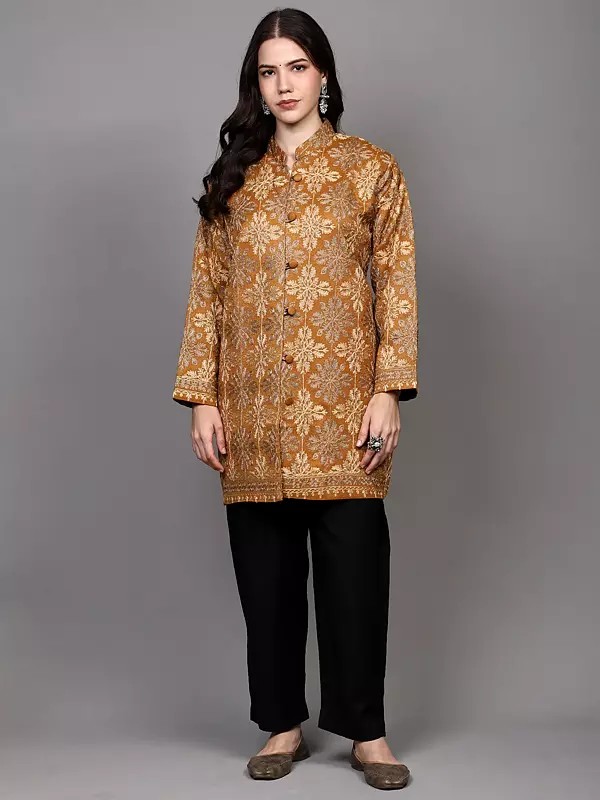 Honey-Yellow Wool Long Jacket with Aari Embroidered Motifs and Side Pockets