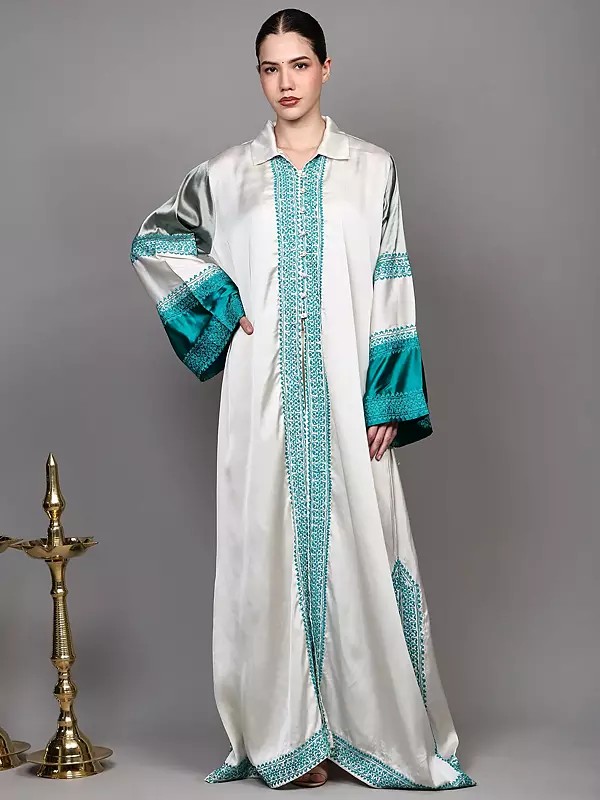 Off-White Abaya with Aari Embroidered Border from Kashmir
