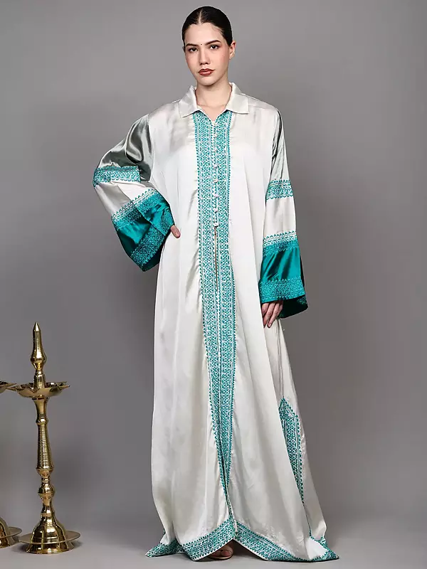 Off-White Abaya with Aari Embroidered Border from Kashmir