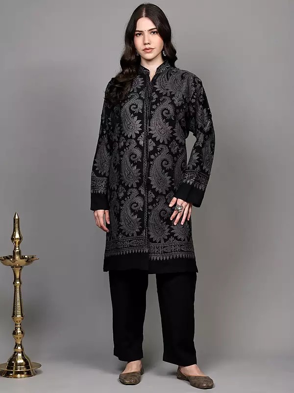 Black-Oyster Long Jacket with Aari Embroidered Giant Paisleys from Kashmir