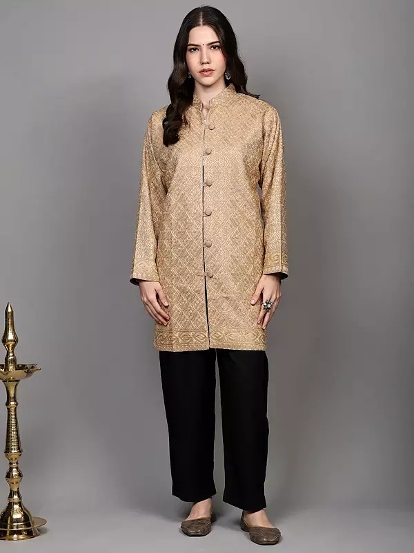 Warm-Sand Wool Long Jacket with Aari Embroidered Quatrefoil Pattern and Side Pockets