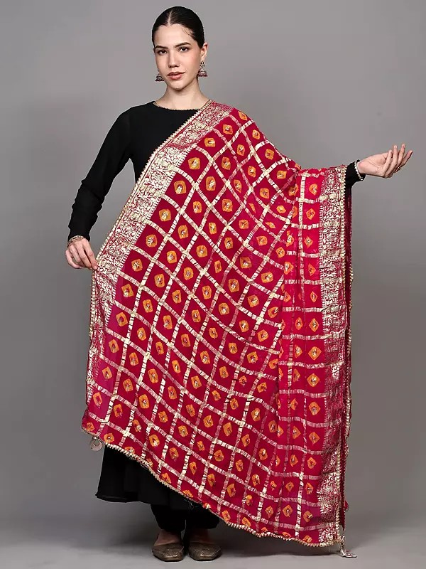Red Georgette Bandhani Dupatta with Zari Woven Checks and Lace Border