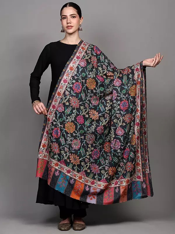 Black-Oyster Kalamkari Shawl with Printed Floral Vines and Chain Stitch Aari Embroidery