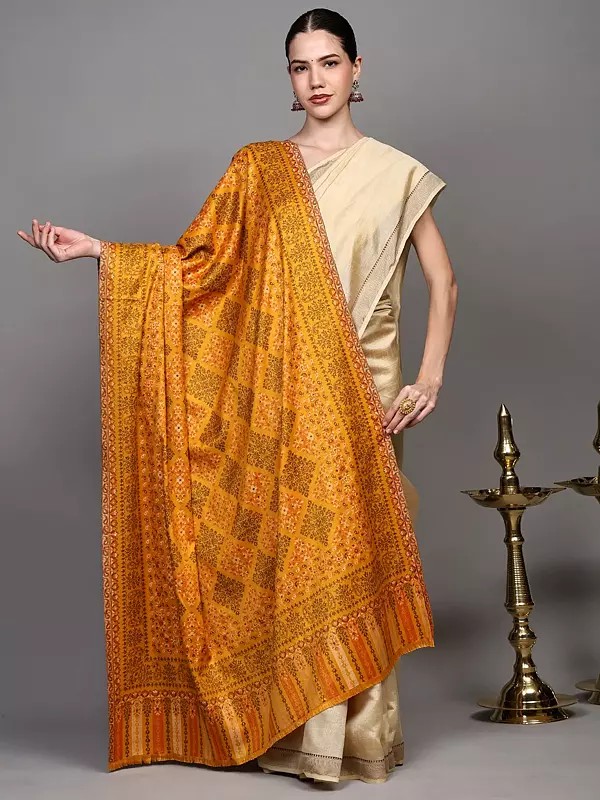 Wool Jamawar Shawl with Woven Flowers and Paisleys from Punjab