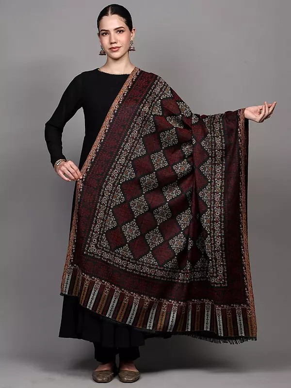 Wool Jamawar Shawl with Woven Flowers and Paisleys from Punjab