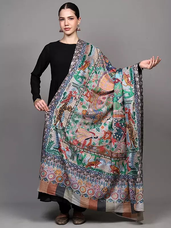 Multicolor Kalamkari Embroidery Shawl with Printed Mughal Empire and Deer Hunting Scene