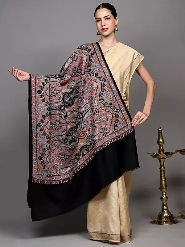 Bristol-Black Shawl from Amritsar with Intricate Heavy Thread Embroidered Paisley and Flowers