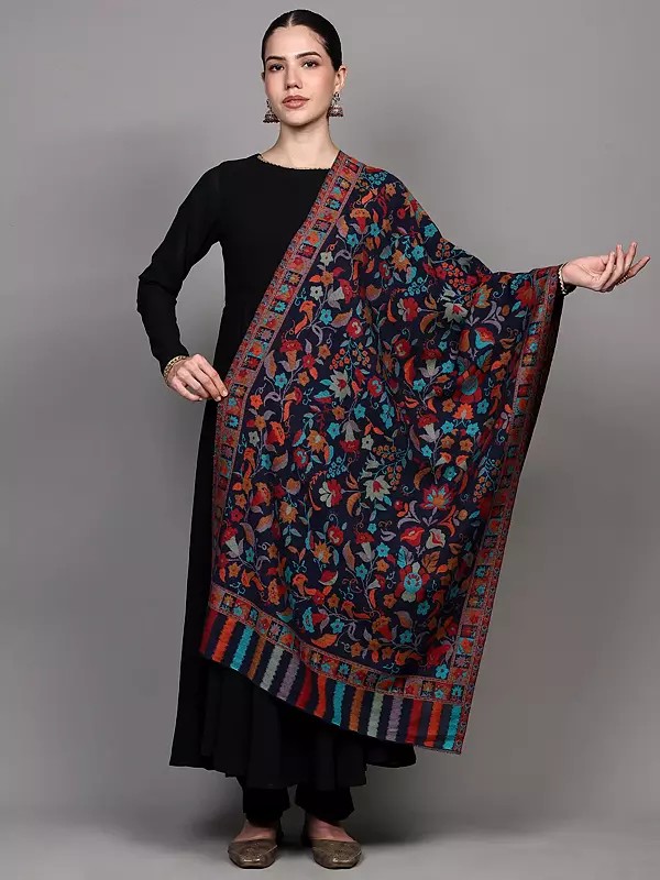 Medieval-Blue Jamawar Stole with Woven Flowers and Paisleys All-Over