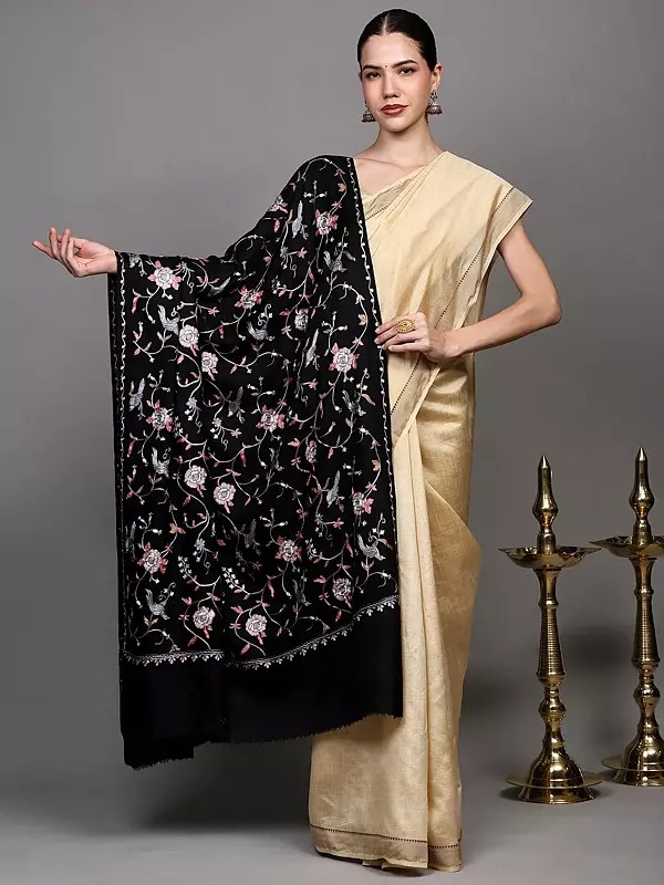 Aari Embroidered Shawl with Birds on Tree Branch Motifs from Amritsar