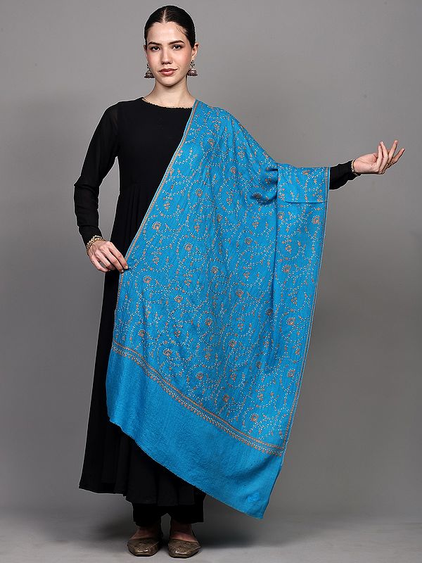 Blue-Danube Pure Pashmina Stole from Kashmir with Sozni Embroidered Jaal by Hand
