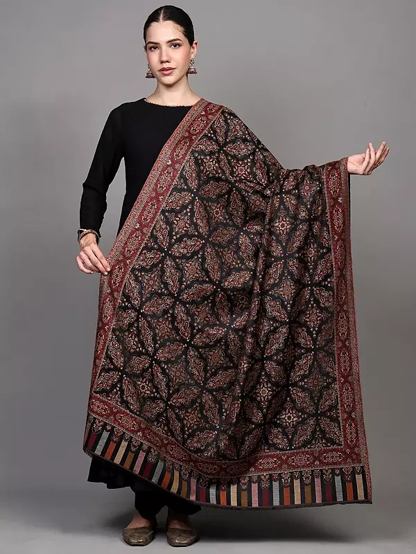 Wool Shawl with Woven Flowers and Paiselys in Multi-Color from Amritsar