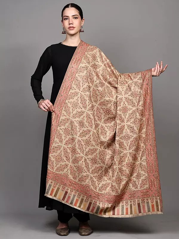 Wool Shawl with Woven Flowers and Paiselys in Multi-Color from Amritsar