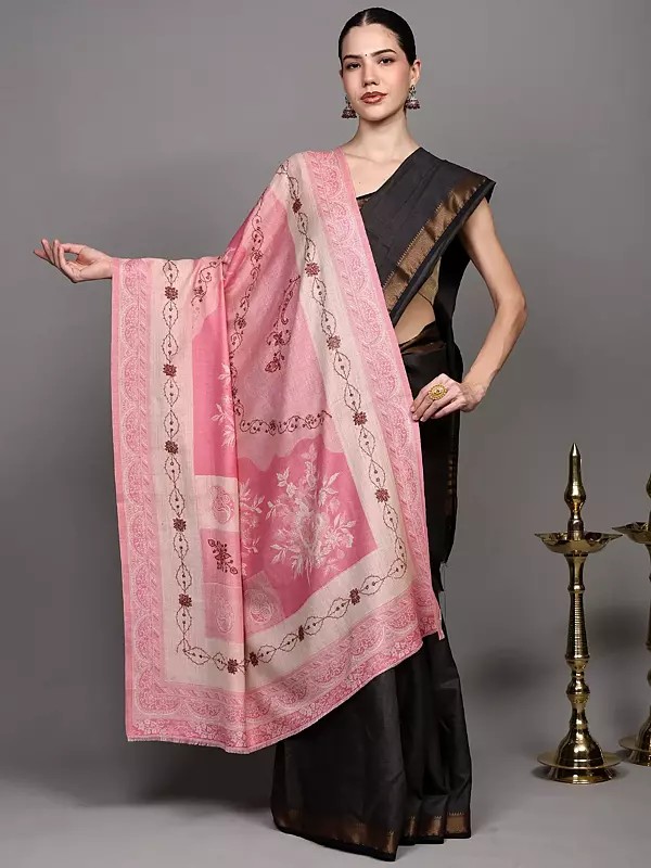 Geranium-Pink Sozni Embroidered Wool Shawl with Woven Flowers and Paiselys
