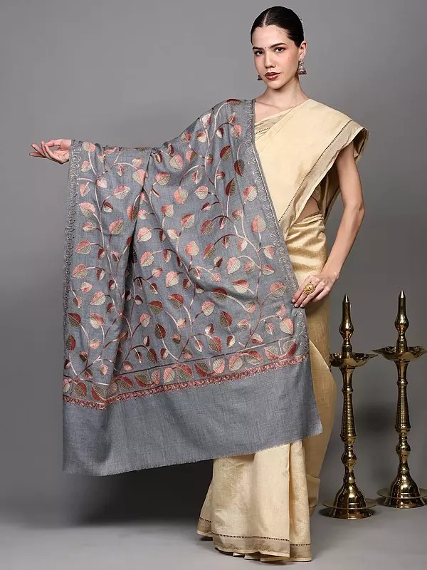Wool Shawl from Punjab with Aari Embroidered Leaves and Bead Work