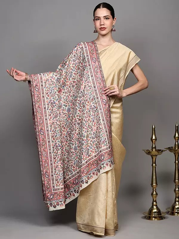 Cannoli-Cream Kani Jamawar Shawl with Woven Flowers and Paiselys All-Over