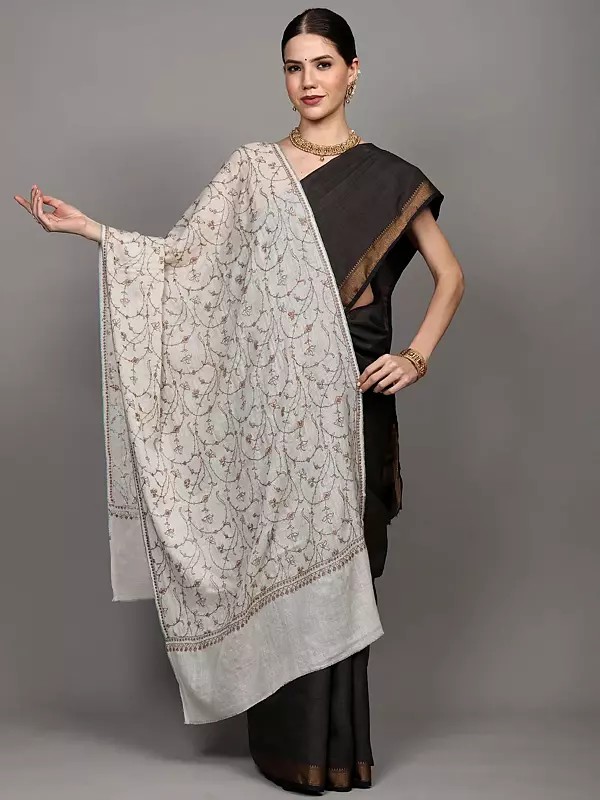 Pure Pashmina Stole with Sozni Hand-Embroidered Floral Jaal from Kashmir