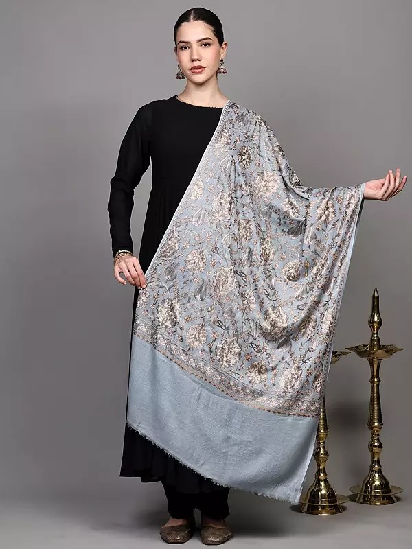 Wool Stole with Chain Stitch Aari Embroidered Floral Vines