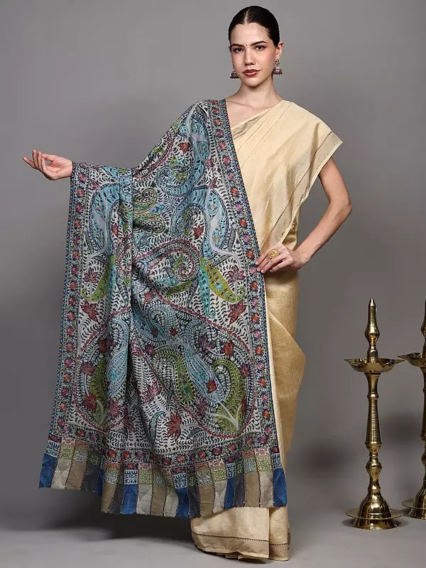 Multicolor Kalamkari Embroidered Shawl with Giant Paisley Motifs