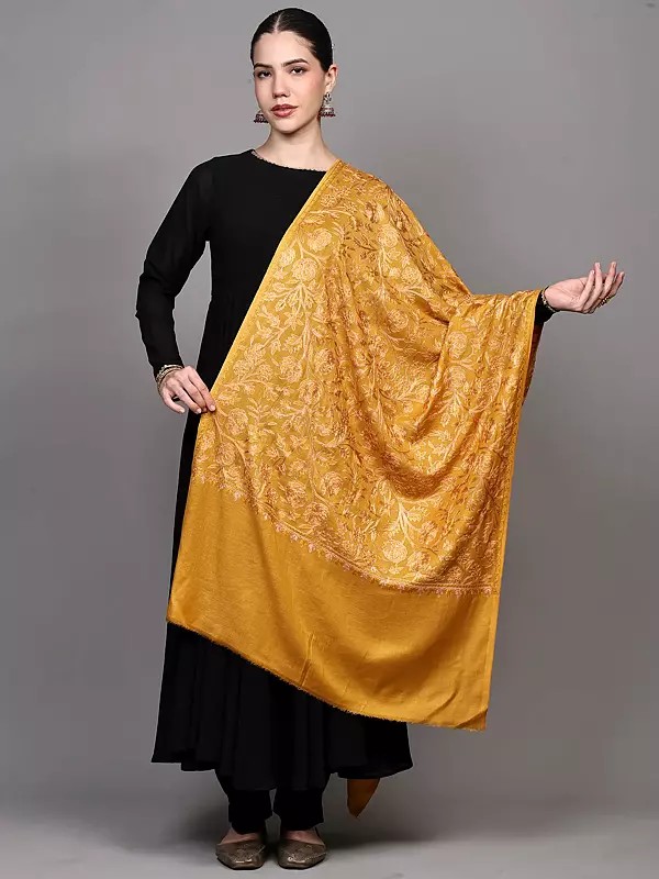 Wool Stole with Intricate Aari Embroidered Floral Vines on All-Over