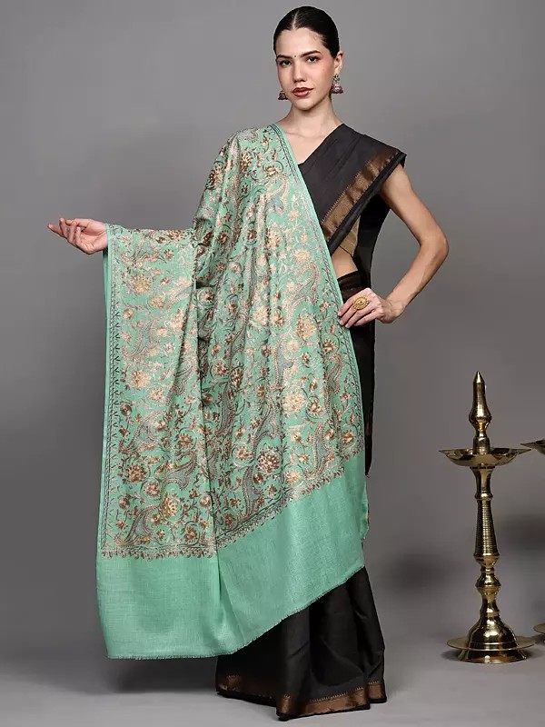 Brook-Green Floral Aari Embroidered Wool Shawl with Bead Work from Amritsar