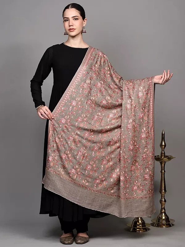 Oxford-Tan Diamond Weave Shawl from Amritsar with Aari Embroidered Floral Stripes