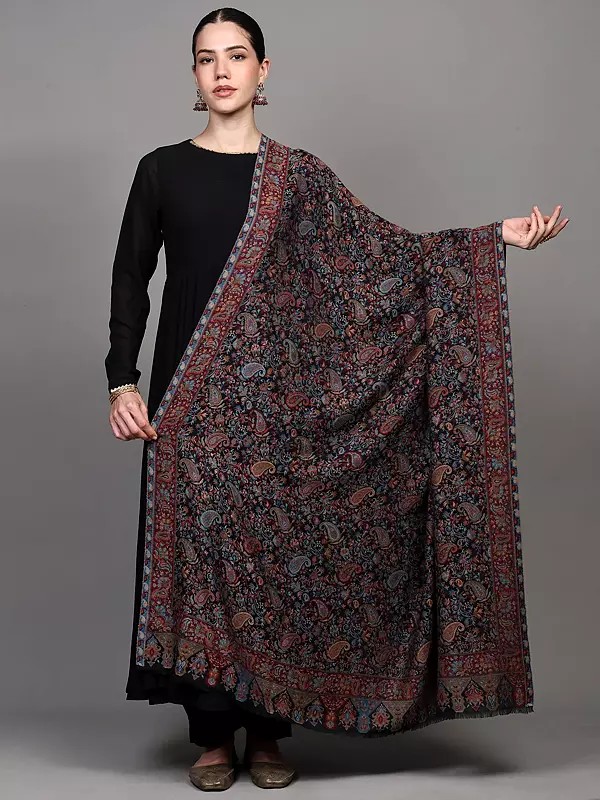 Phantom-Black Jamawar Shawl from Amritsar with Woven Multicolour Floral Vines And Paisleys