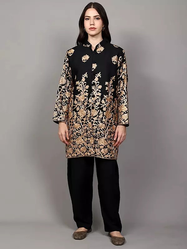 Pirate-Black Wool Long Jacket with Side Pockets and Chain Stitch Aari Embroidered Flowers