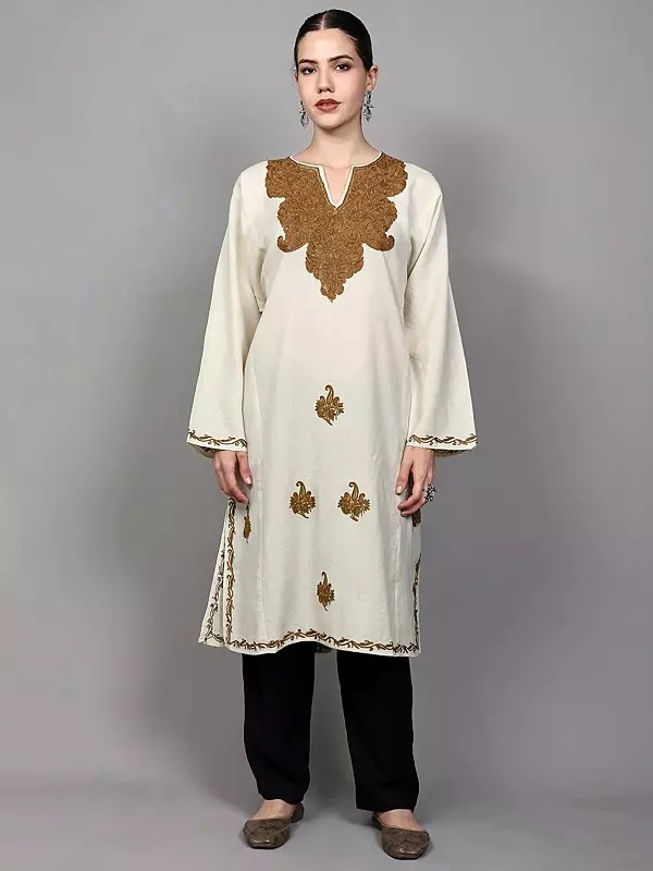 Cannoli-Cream Phiran from Kashmir with Aari Embroidered Flowers and Paisleys