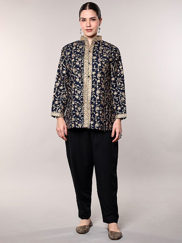 Kashmiri Short Jacket with Chain Stitch Aari Embroidered Floral Sprigs and Side Pockets