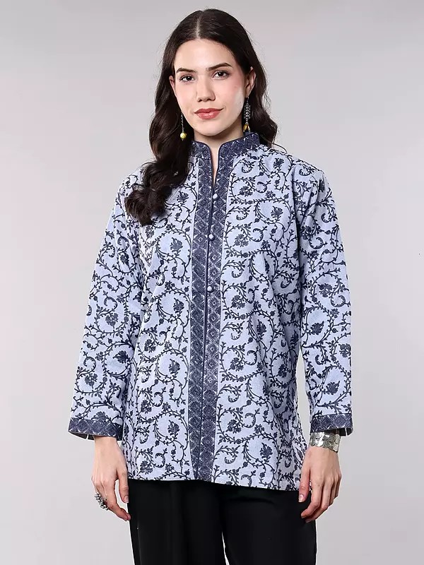 Kashmiri Short Jacket with Chain Stitch Aari Embroidered Floral Sprigs and Side Pockets