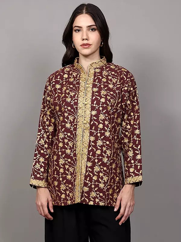 Red-Plum Kashmiri Short Jacket with Chain Stitch Aari Embroidered Floral Sprigs and Side Pockets
