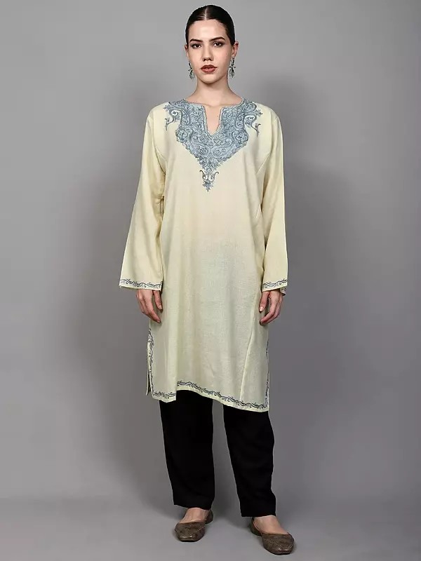 Kashmiri Phiran with Side Pockets and Aari Embroidered Paisleys on Neck