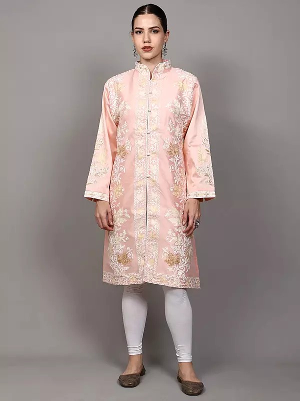 Creole-Pink Long Jacket with Aari Embroidered Maple Vines from Kashmir