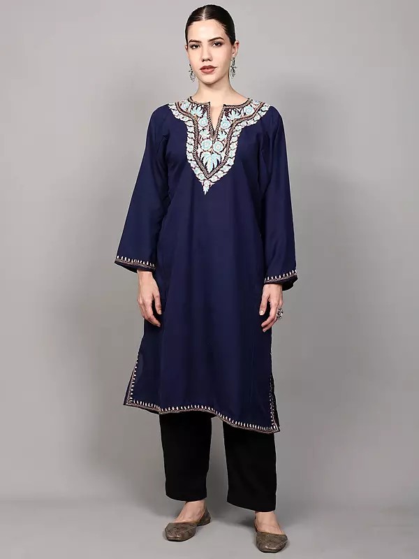 Twilight-Blue Pure Cotton Phiran with Sozni Embroidered Flowers and Chinar Leaves from Kashmir