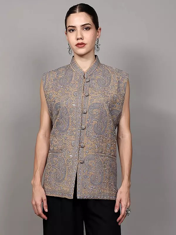 Irish-Cream Pure Wool Sleeveless Jacket with All-Over Thread Embroidered Paiselys and Front Pockets
