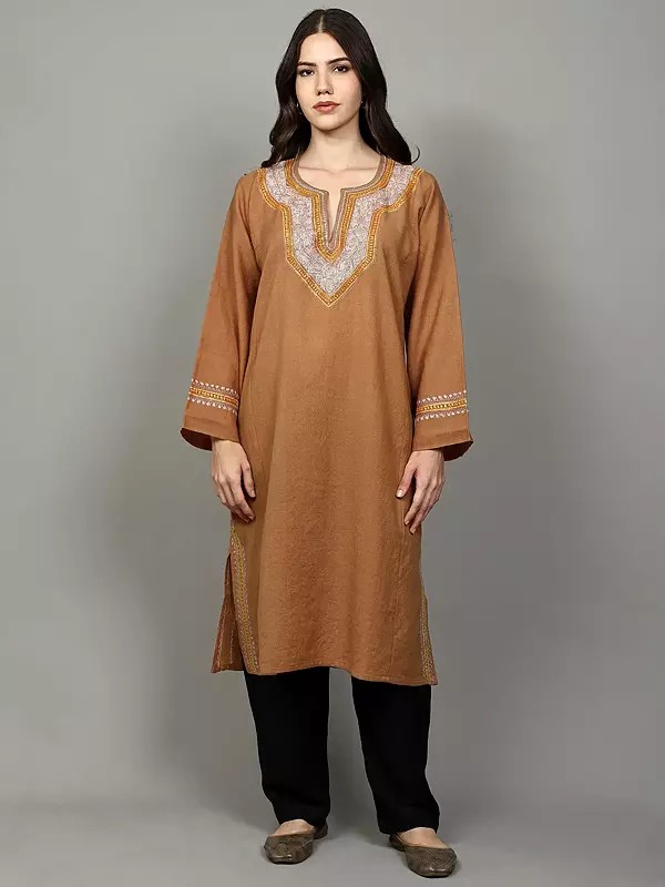 Toasted-Nut Sozni Embroidered Pure Wool Phiran with Side Pockets from Kashmir