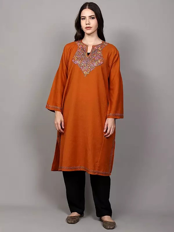 Hawaiian-Sunset Pure Wool Kashmiri Phiran with Papier Mache Floral Embroidery on Neck