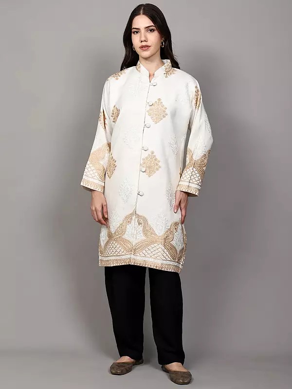 Snow-White Long Jacket with Side Pockets and Intricate Chain Stitch Embroidery