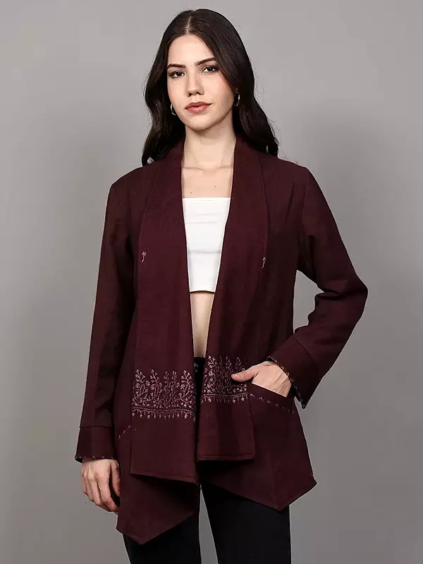 Pure Wool Cape Jacket from Kashmir with Sozni Embroidery and Front Pockets
