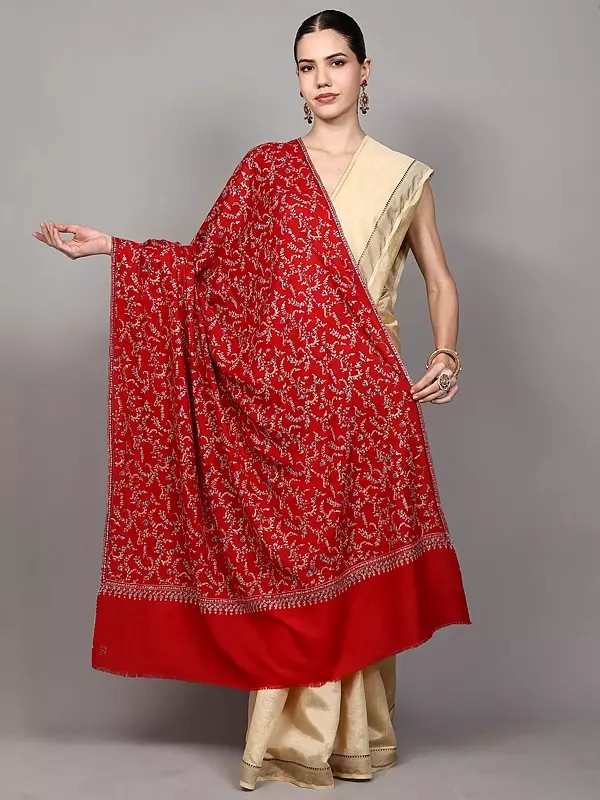 True-Red Pure Pashmina Shawl with Floral Sprigs Jaaldar Sozni Embroidery by Hand from Kashmir