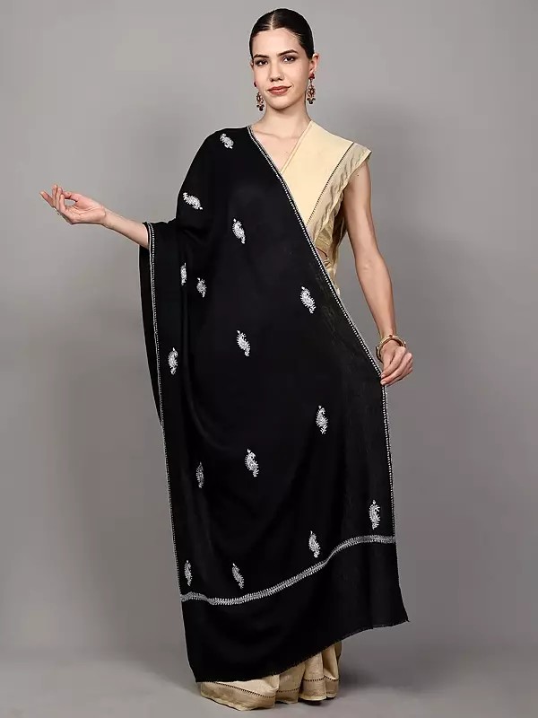 Jet-Black Pure Wool Stole from Srinagar with Sozni Embroidered Paisleys Bootis