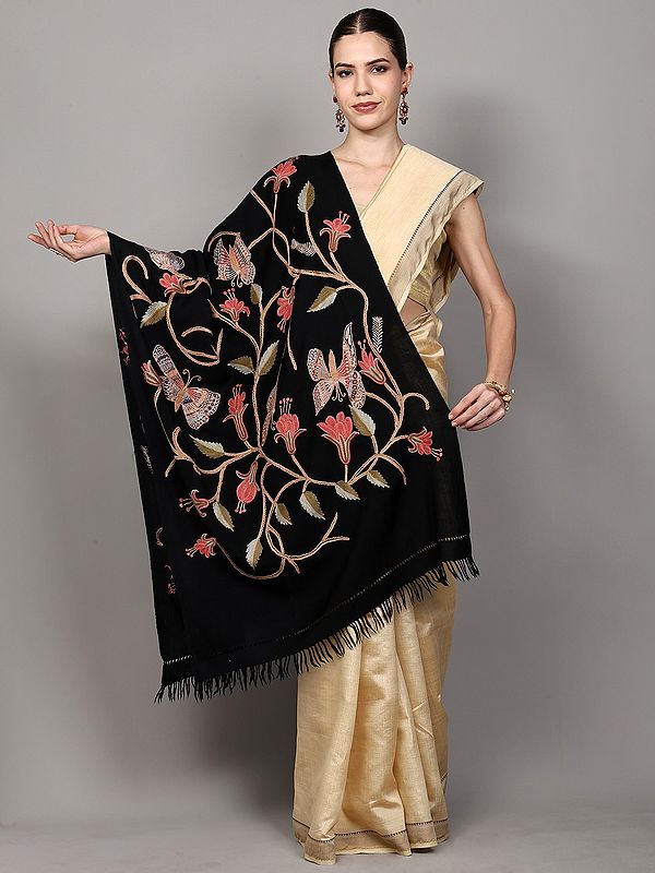 Pure Wool Stole with Aari Hand-Embroidered Butterflies and Floral Vines from Kashmir