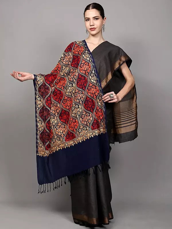 Wool Stole with Aari Embroidered Flowers and Paisleys from Amritsar