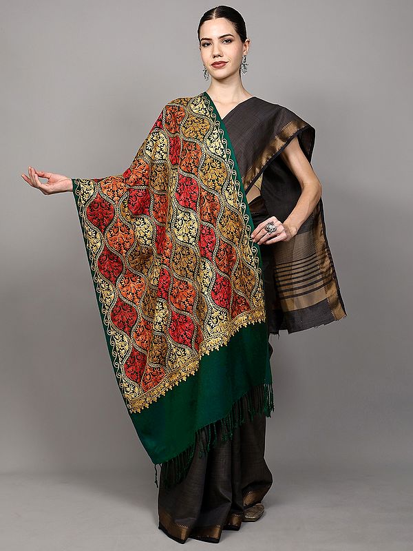 Wool Stole with Aari Embroidered Flowers and Paisleys from Amritsar